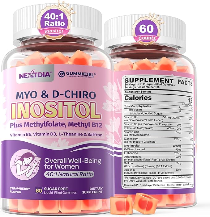 Myo-Inositol & D-Chiro Inositol Gummies + MTHF Folate, Methyl B12, Vitamin B6 & D3, Inositol Supplement for Women for Ovarian, Hormone Balance, PMS, Sleep, Mood & Energy, 40:1 Ratio, Sugar Free, 60Cts
