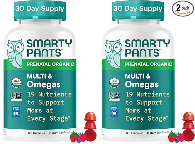 SmartyPants Organic Prenatal Vitamins for Women,Multivitamin Gummies: Biotin,Methylfolate,Omega 3 (ALA),Vitamin D3,C,Vitamin B12,B6,A,K2 & Zinc,Choline,Vegetarian,(30 Day Supply),120 Count(Pack of 2)