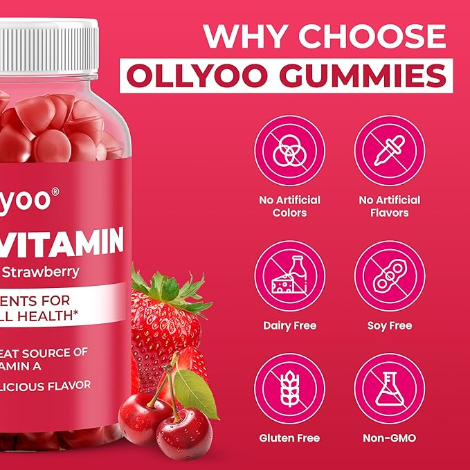 Adult Multivitamin Gummies for Men & Women, Vitamins A, C, D, E, B6, B12, Biotin, Folic Acid, Cherry & Strawberry Flavor, Supports Overall Health, 60 Count