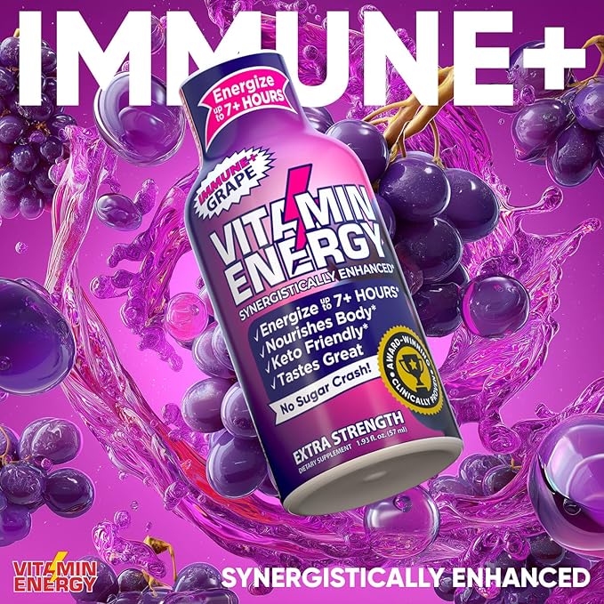 Vitamin Energy Immune+ Extra Strength Energy Shot Grape 12 Pack, 260mg Natural Caffeine, B-Vitamins, Citicoline, Green Tea, Immunity & Focus Support, Zero Sugar, Gluten-Free 1.93 fl oz