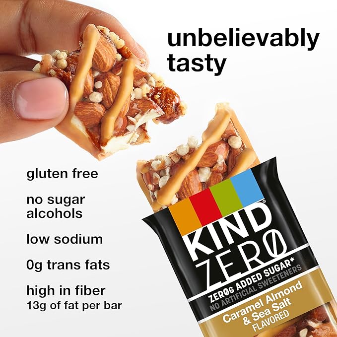 KIND ZERO Added Sugar Bars, Caramel Almond & Sea Salt, Keto Friendly Snacks, Gluten Free, 5g Protein, 5 Count (Pack of 2)