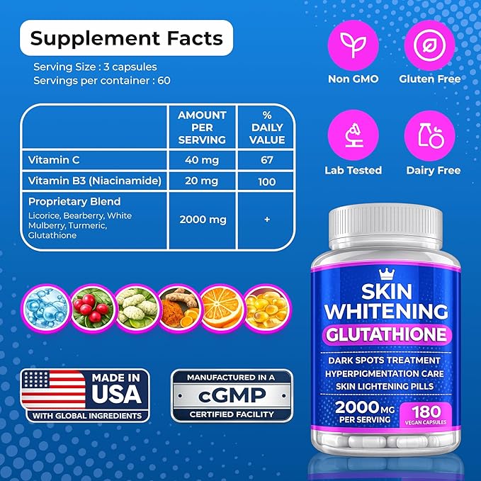 Glutathione Whitening Pills - 180 Capsules 2000mg Glutathione - Effective Skin Lightening Supplement - Dark Spots, Melasma & Acne Scar Remover, Hyperpigmentation Treatment - Anti-Aging Antioxidant