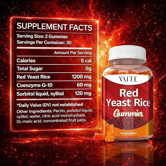 VAITE Red Yeast Rice with Coq10 Gummies - 1200 mg RYR Synergy Organic Supplement with Coenzyme Q10 Monacolin K, Non-GMO & Citrinin Free Herbal Vegetarian Gummy Chews 60 Count (2 Pack)