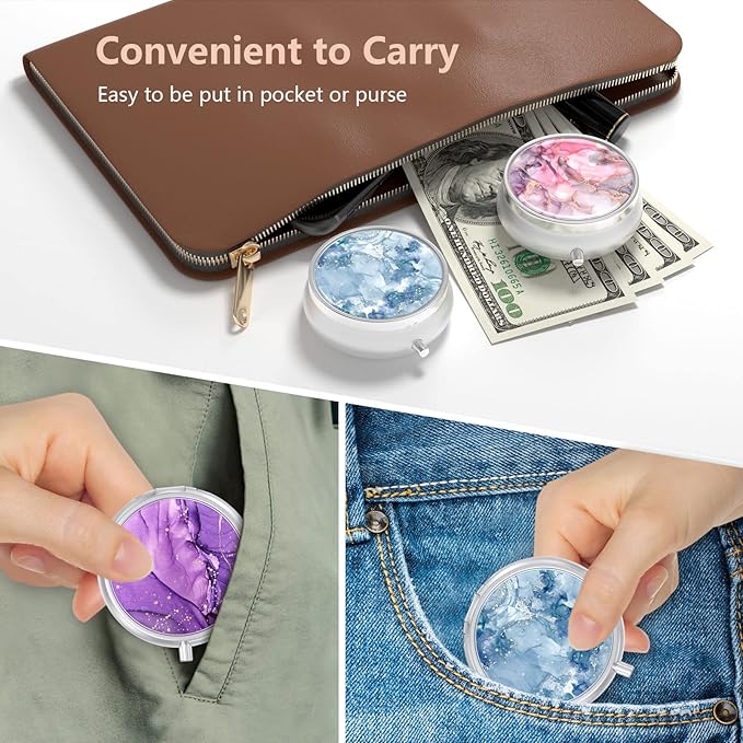 3 Pack Pill Box, Small Pill Case for Purse & Pocket, Cute Travel Medicine Organizer, Portable Medicine Container Holder to Hold Vitamins, Medication, Fish Oil & Supplement, Light Luxury Marble
