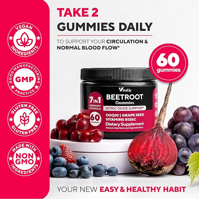 VitaUp Beet Root Gummies – Beetroot Supplement with CoQ10, Grape Seed, Vitamin C, B12 & B3 – Nitric Oxide Gummies for Circulation Support – Beet Supplement for Energy & Immune Support – 60 Beets Chews