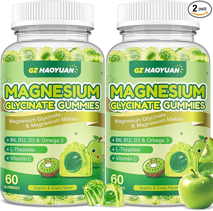 Magnesium Glycinate Gummies for Kids & Adults - Sugar Free Magnesium Malate with L-Theanine, Omega-3, Vitamin D3, B6, B12, C- Sleep, Calm, Relaxation, Brain, Bones, Green Apple & Kiwi, 60ct (2 Pack)
