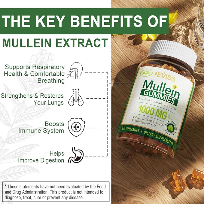 NEVISS Mullein Gummies for Lungs, Organic Mullein Leaf Extract 1000mg for Respiratory System with Quercetin & Bromelain, D3 for Digestive Support, Immune Booster, Sugar Free, Vegan, 60 Count