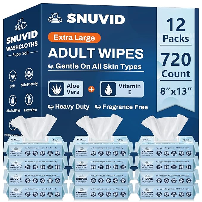 Adult Wipes for Elderly - 720 Count Extra Large 8"x13" Disposable Washcloths Rinse Free Bathing Wipes for Incontinence & Bedridden Care - Thick, Soft & Unscented with Aloe & Vitamin E (12 Packs of 60)