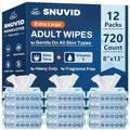 Adult Wipes for Elderly - 720 Count Extra Large 8"x13" Disposable Washcloths Rinse Free Bathing Wipes for Incontinence & Bedridden Care - Thick, Soft & Unscented with Aloe & Vitamin E (12 Packs of 60)
