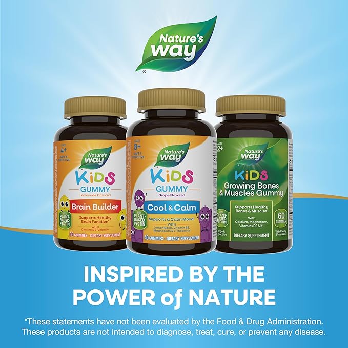 Nature's Way Kids Cool & Calm Gummies, Supports a Calm Mood in Kids Ages 8+*, Lemon Balm, Magnesium, Vitamin B6, L-Theanine, Grape Flavored, Vegetarian, 40 Count (Packaging May Vary)