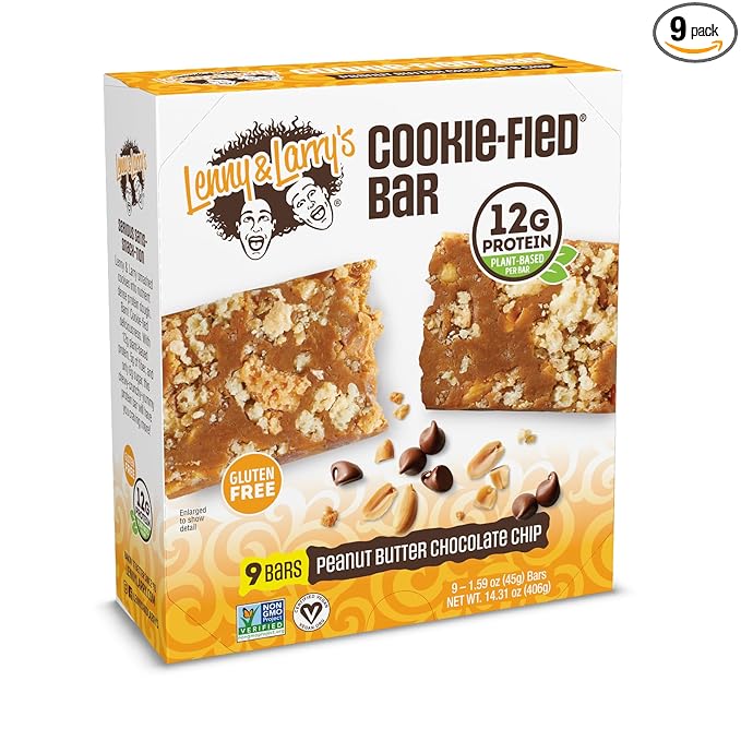 Lenny & Larry's Cookie-fied Protein Bar – Peanut Butter Chocolate Chip Vegan 9x45g – Healthy Snacks with 12g Plant Protein & 5g Fiber – Gluten Free Power Bar, Non-GMO & Vegan