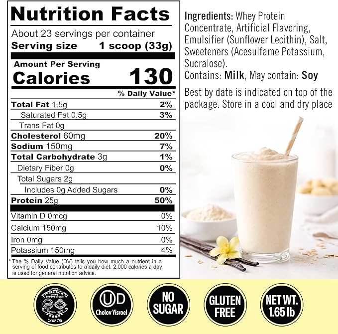 French Vanilla Protein Powder. 25g Protein Shake for Post Workout Recovery, Smoothie & Baking. Gluten & Sugar Free, Highly Kosher, Amino Acids (5.5g BCAA, 2.7g Leucine), 1.65lbs, 23 Servings