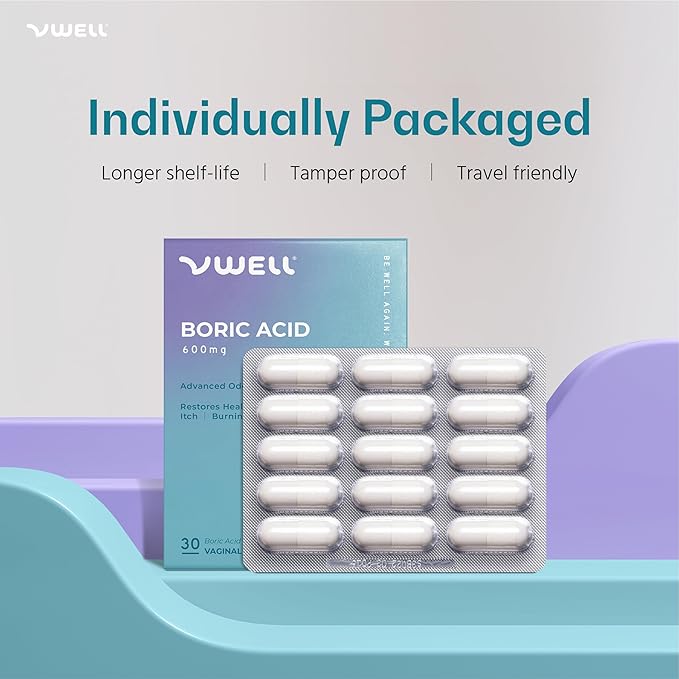 VWELL Boric Acid Vaginal Suppositories - Homeopathic Solution Maintains and Balances Healthy Vaginal pH & Microbiome Intimacy - Doctors Recommended (One Size, 30, Count)
