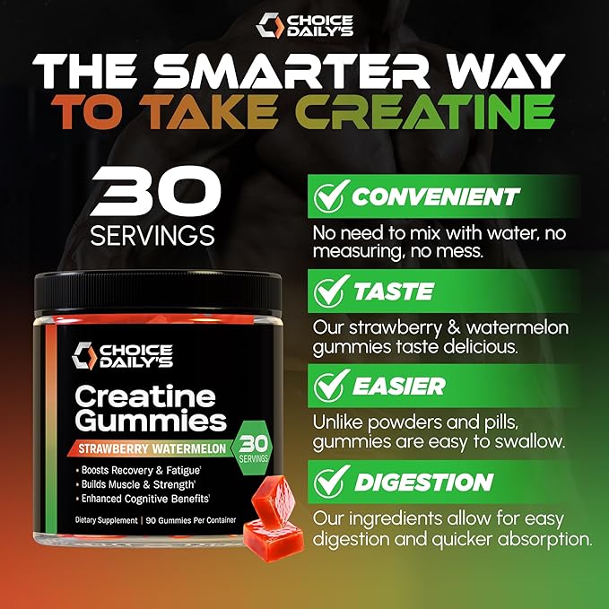 Creatine Gummies - 90 Vegan Friendly Chews - USA Made - Boosts Recovery - Builds Muscle - Enhanced Cognitive Benefits (Large, Strawberry Watermelon)