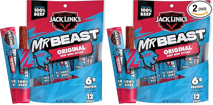 Jack Link’s x MrBeast Beef Sticks, Original Mini Beef Sticks, As Seen on Beast Games, 5g Protein, Made with 100% Real Beef, Pantry-Ready Snacks, 12 Count (Pack of 2)