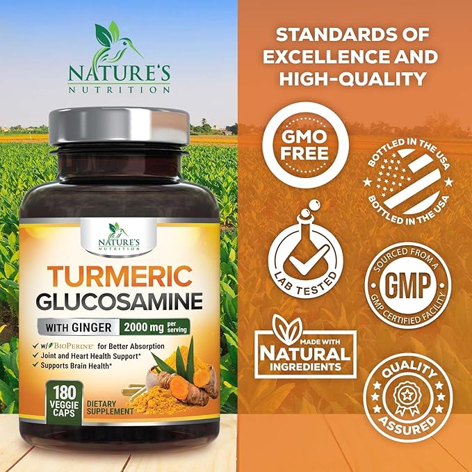 Turmeric Curcumin Supplement - 95% Curcuminoids with Glucosamine, Ginger & MSM, BioPerine Black Pepper Extract for Best Absorption, Natural Vegan Joint Support, Non-GMO, Bottled in USA - 180 Capsules