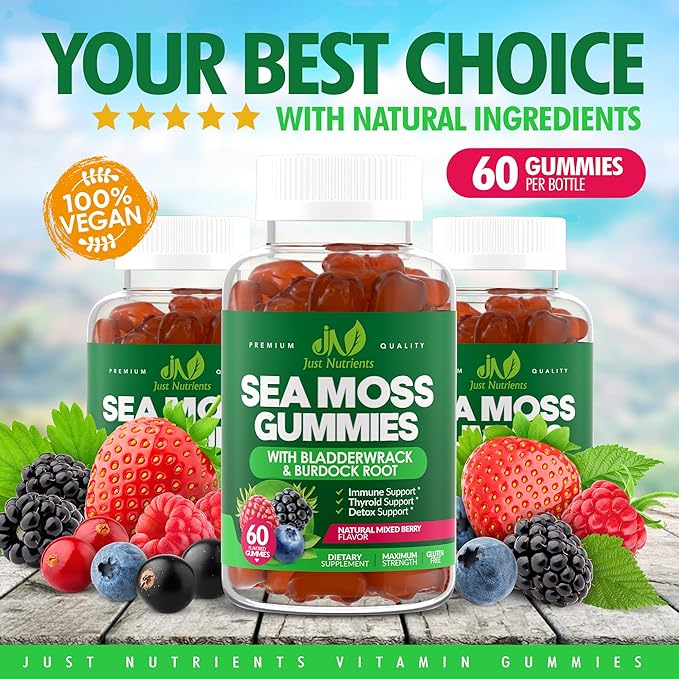 Sea Moss Gummies with Bladderwrack and Burdock Root - Natural Irish Sea Moss Superfood for Immune, Thyroid and Detox Support - Extra Strength for Men & Women - Gluten-Free, Vegan - 60 Gummies