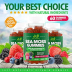 Sea Moss Gummies with Bladderwrack and Burdock Root - Natural Irish Sea Moss Superfood for Immune, Thyroid and Detox Support - Extra Strength for Men & Women - Gluten-Free, Vegan - 60 Gummies