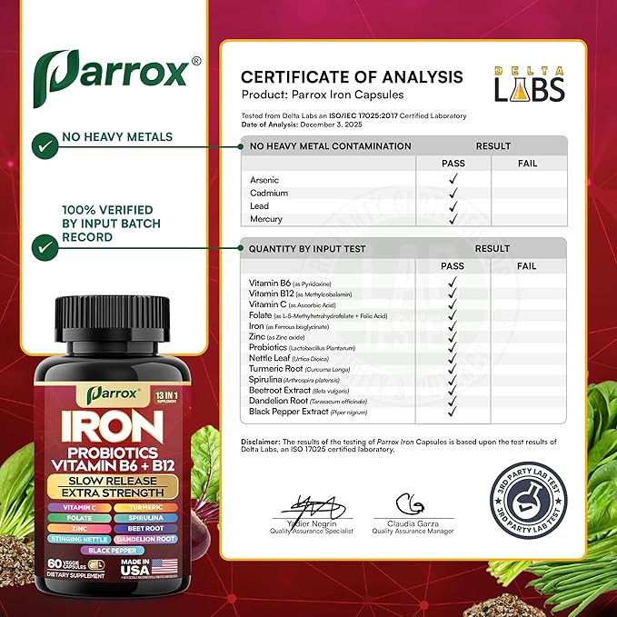 Iron Supplement, Slow Release Iron, Probiotics, Spirulina, Turmeric, Vitamin B6, Methylated B12, Vitamin C, Zinc, Beetroot, Nettle Leaf, Dandelion Root, Black Pepper, Extra Strength, 60 Capsules 3Pack