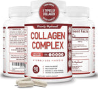 Purely Optimal Premium Multi Collagen Peptides Capsules (Types I, II, III, V, X) - Hair, Skin and Nails, Digestive & Joint Health Supplement, Hydrolyzed Collagen Pills (90 Capsules)
