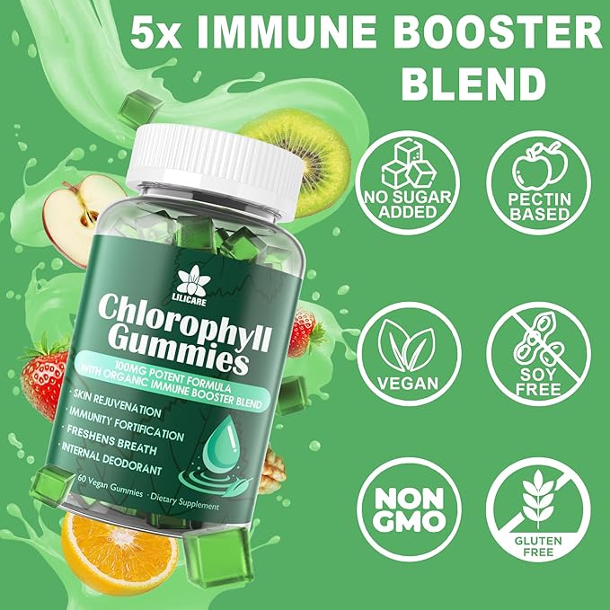 Chlorophyll Gummies - Super Green with Wheat Grass, Sea Moss, Unfiltered ACV & Elderberry, Echinacea, Zinc Complex & Vitamin D3, C, E, B12 for Natural Deodorant, Immune & Digestion Support, 60 Chews