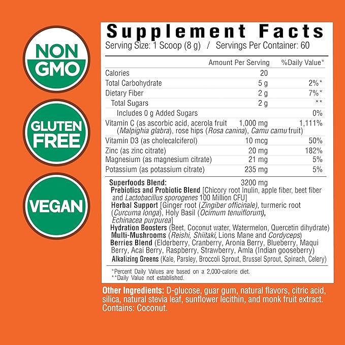 Country Farms Immune Defense Superfoods, Immune Support Supplement, Vitamin C with Black Elderberry, Echinacea, Turmeric, Supports Hydration, with Probiotics and Prebiotics, Berry Flavor, 60 Servings