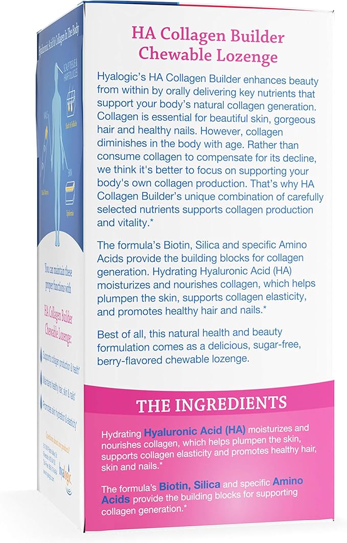 Hyalogic Hyaluronic Acid Chewable Lozenge – Sugar-Free Supplement for Hair Skin and Nails Vitamins for Women, Supports Skin Hydration (30 Count)