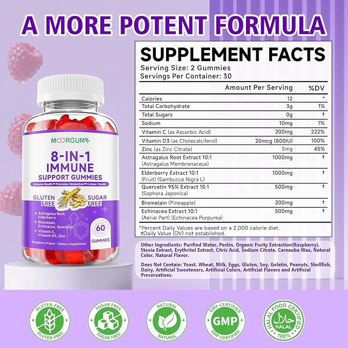 Immune Support Gummies – 8-in-1 Formula Herbal Supplements with Astragalus, Elderberry, Quercetin, Bromelain, Echinacea, Vitamin C, D3 and Zinc for Everyday Balance, Raspberry Flavor, 60 Count