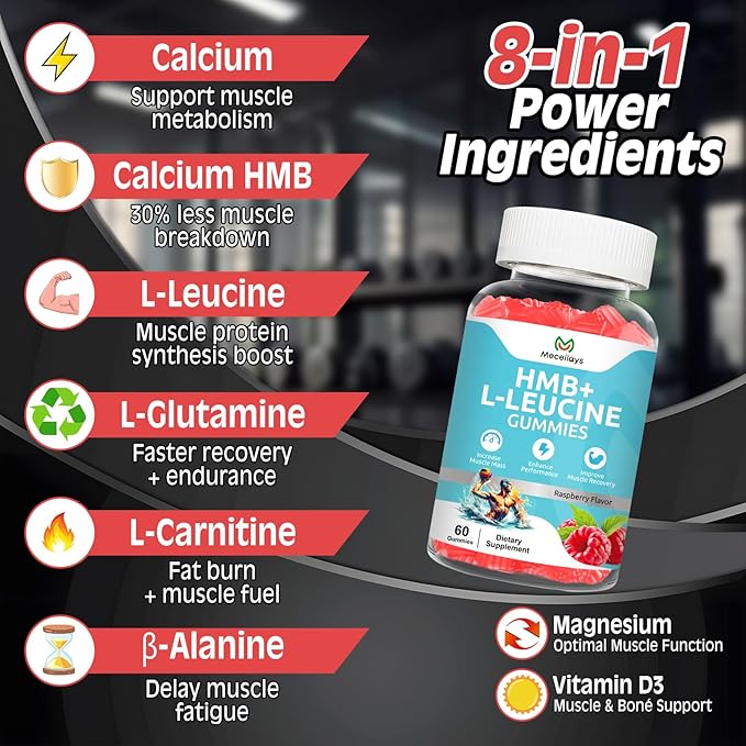 2 Pack Hmb and Leucine Gummies Supplements for Men Women, 4000mg HMB & L-Leucine Amino Acid for Muscle Growth & Fast Work0ut Recovery, Non-GMO, Gluten-Free, Raspberry Flavor,120 Count