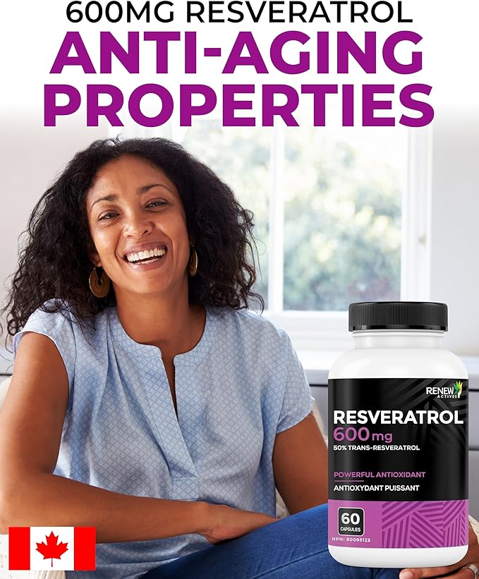 Renew Actives Resveratrol Supplement 600mg per Serving - High-Potency Antioxidant Complex with 50% Trans-Resveratrol – Supports Cellular Health & Longevity - Made in Canada – 60 Vegan Capsules