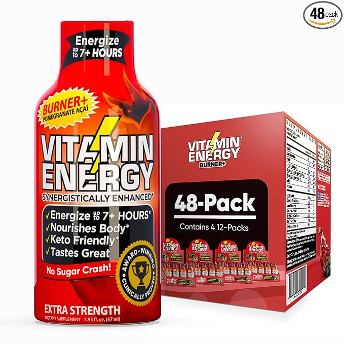 Vitamin Energy Burner+ Extra Strength Energy Shot Pomegranate Açaí 48 Pack, 260mg Natural Caffeine, 25mg Ketones, Green Tea, EGCG, Metabolism, Endurance, Zero Sugar, Gluten-Free, Vegan, 1.93 fl oz