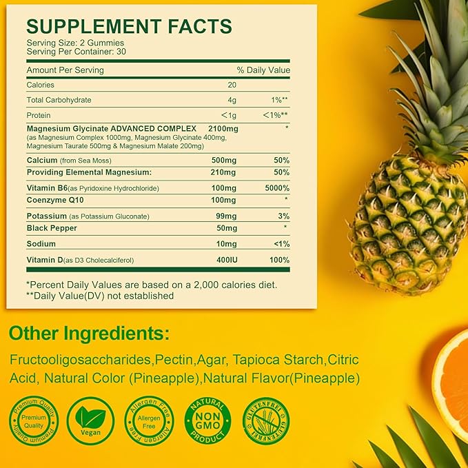 Magnesium Glycinate Gummies 400mg, Sugar Free Magnesium Taurate, Malate Supplement with Vitamin D, B6, CoQ10 for Relaxation, Stress Relief, Muscle, Bone & Sleep Support- 60 Pineapple Gummies