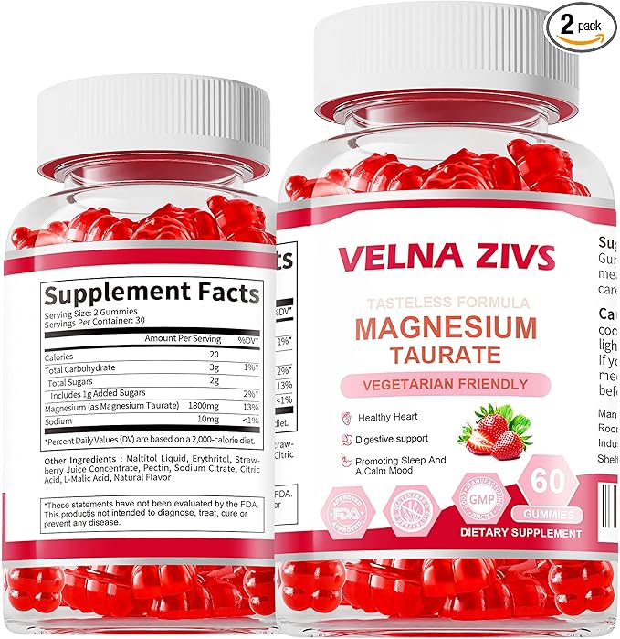 Magnesium Taurate Gummies 1800mg, Magnesium Taurate Supplement, High Absorption & Chewable for Kid and Adults, Muscle and Heart Health Support, Vegan, Gluten Free, 120 Counts（2 Pack）