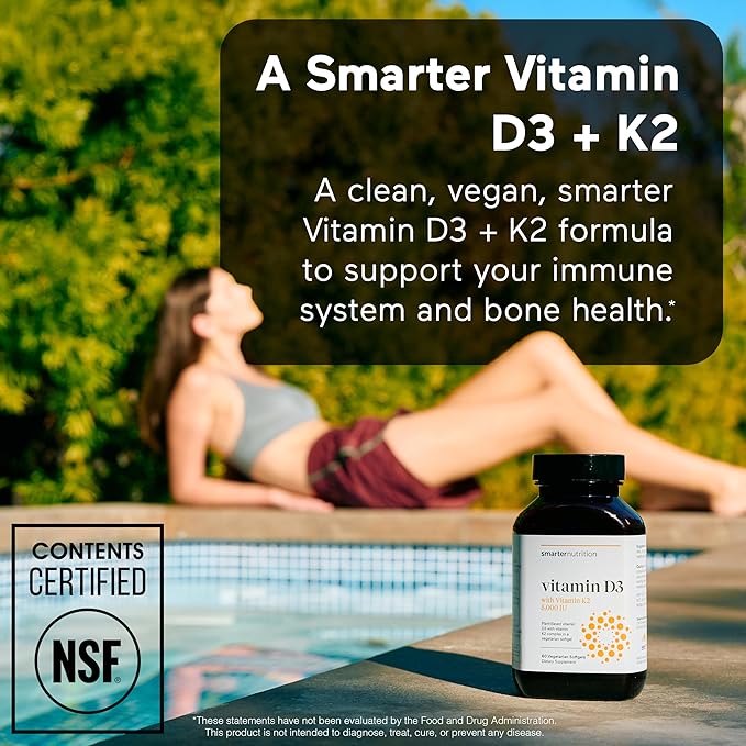 SMARTERNUTRITION Vegan Vitamin D3 5000 IU + Natural Vitamin K2 1100 mcg in Organic Coconut & Olive Oil - D3 K2 Supplement for Immune & Bone Support - 60 Softgels[30 Day Supply]