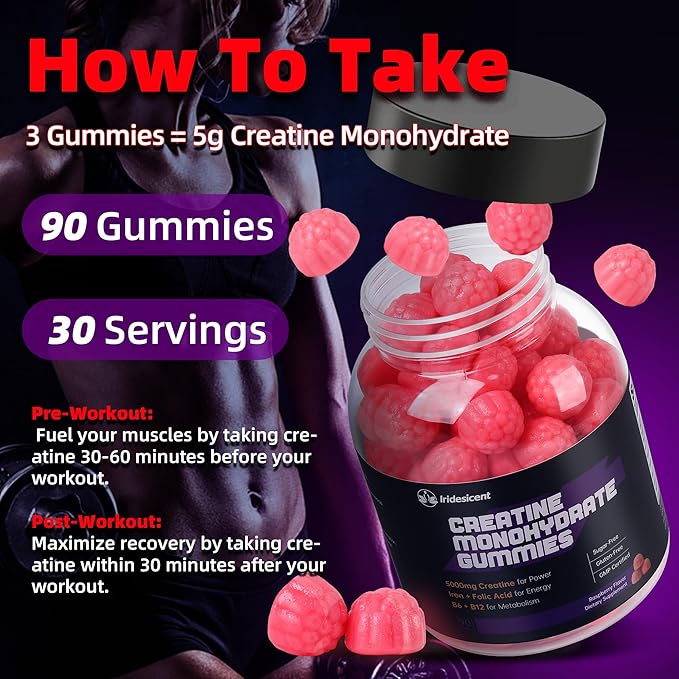 Creatine Monohydrate Gummies 5000mg w/Iron, Vitamin B6 & B12, Sugar Free 5g Creatine Supplements for Women and Men Boost Energy & Muscle Recovery - 90 Raspberry Gummies