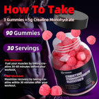 Creatine Monohydrate Gummies 5000mg w/Iron, Vitamin B6 & B12, Sugar Free 5g Creatine Supplements for Women and Men Boost Energy & Muscle Recovery - 90 Raspberry Gummies