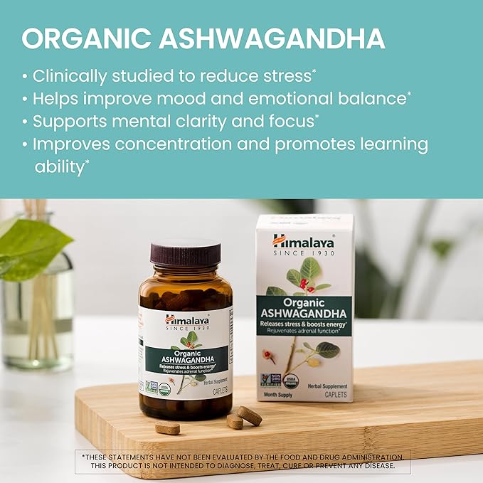Himalaya Organic Ashwagandha Root, 30 Day Supply - Herbal Adrenal Support Supplements for Stress Relief and Energy Support - USDA Organic, Non-GMO, Vegan, Gluten Free, No Additives, 670 mg, 30 Caplets