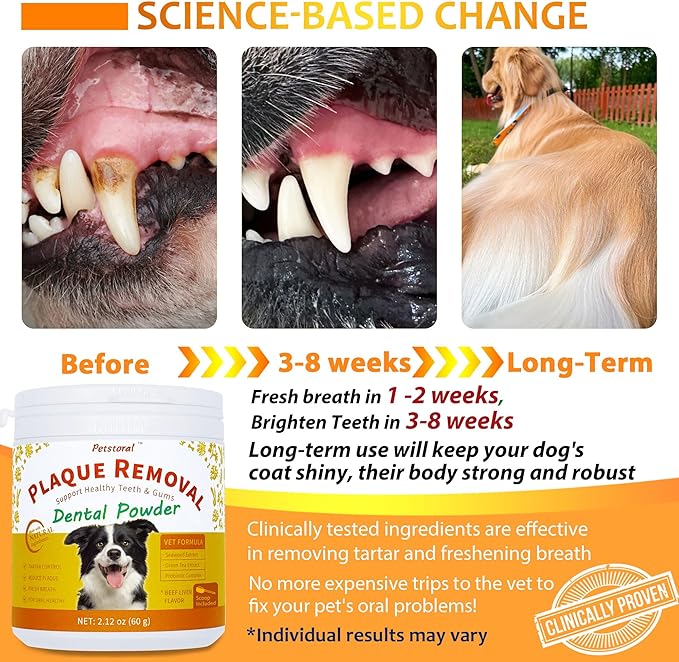 Natural Dog Dental & Supplement Powder, Plaque & Tartar Control with Glucosamine, Omega-3, Probiotics & Vitamin E for Joint, Beef Liver Flavour, Digestion & Fresh Breath