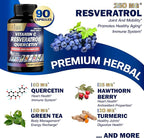 Organic Cadane Resveratrol Supplement - 12in1 Blended with VIT.C, Quercetin, Berberine, Turmeric, Green Tea & More - 90 Capsules 3 Month