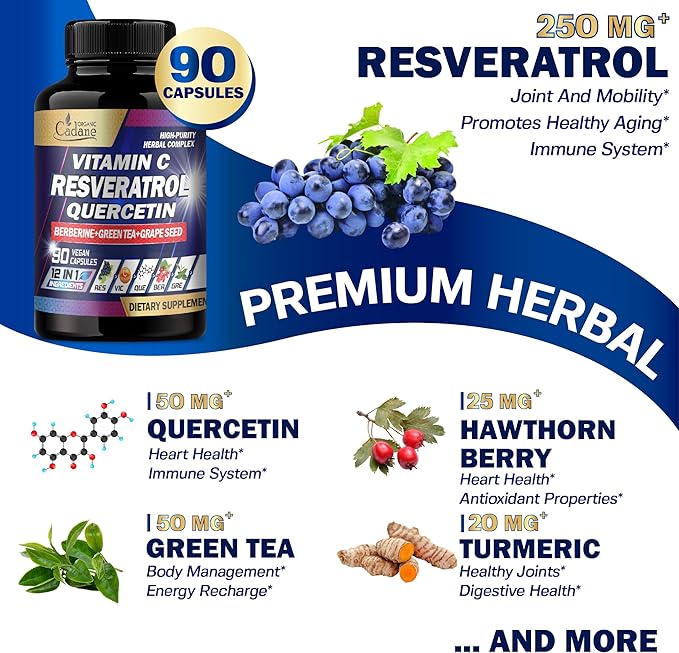 Organic Cadane Resveratrol Supplement - 12in1 Blended with VIT.C, Quercetin, Berberine, Turmeric, Green Tea & More - 90 Capsules 3 Month