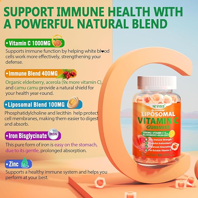 Liposomal Vitamin C 1000mg Gummies for Adults - Vitamin C Chewable with Elderberry, Zinc & 8mg Iron, Sugar Free Vit C Supplements, Daily Immune Support Gummies for Energy, Collagen Booster 60 Counts