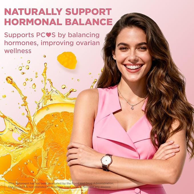 PCOS Inositol Gummies for Ovarian & Hormonal Balance, 60 Count PCOS Gummies with Myo-Inositol, Folate & Zinc Helps Menstrual Cycle, Orange Flavor Ovulation Gummy for Wellness Ovulation & Fertility