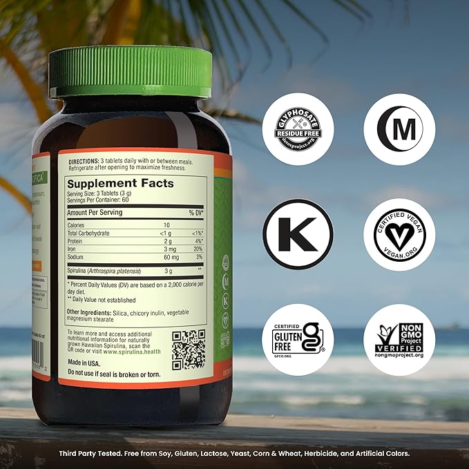 Nutrex Hawaii Pure Hawaiian Spirulina – Vegan Superfood, 1000 mg Tablets, Farm Grown in Kona, Non-GMO, Immune Support & Cellular Energy, 180 Count (Pack of 1)