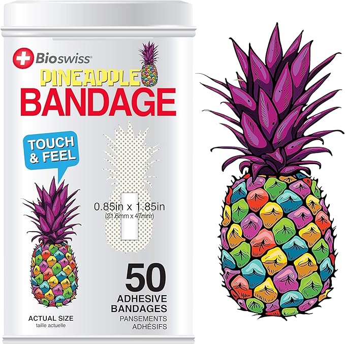 BioSwiss Bandages, Funky Pineapple Shaped Self Adhesive Bandage Set, Latex Free, Sterile Wound Care, 50 Count