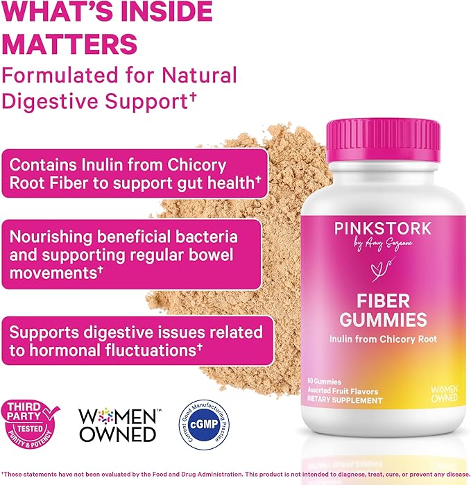 Pink Stork Prenatal Fiber Gummies for Women - 3g Prebiotic Inulin from Chicory Root - Natural Pregnancy & Postpartum Stool Softeners for Constipation & Digestive Health - 60 Vegan Fiber Chews