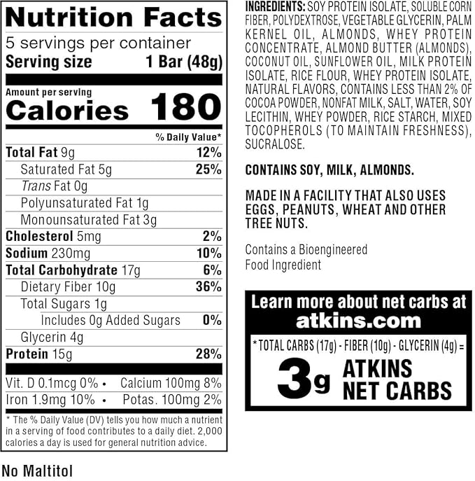 Atkins Chocolate Almond Caramel Protein Meal Bar, High Fiber, 15g Protein, 1g Sugar, 3g Net Carbs, Meal Replacement, Keto Friendly, 8 Count