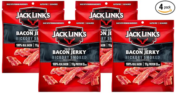 Jack Link's Bacon Jerky, Hickory Smoked - Flavorful Ready to Eat Meat Snack with 11g of Protein per Serving, Made with 100% Thick Cut Real Bacon, Protein Snack, Keto Friendly, 2.5 oz. (Pack of 4)
