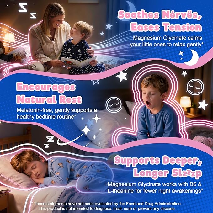 Kids 4+ Nighttime Multivitamin, Melatonin Free Sleep Aid Gummies w/Magnesium Glycinate, Saffron, L-Theanine, Calcium, Inositol, D3+K2, Zinc Supports Calm Mood, Brain, Bone & Immune, Sugar Free, 2 Pack