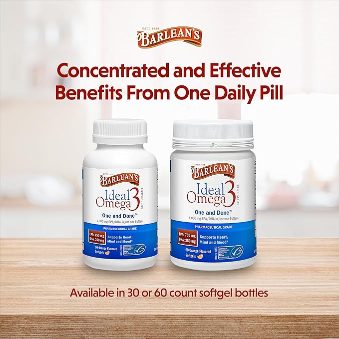 Barlean's Ideal Omega 3 Fish Oil Supplement, 1,000 mg Softgels, Pharmaceutical Grade EPA & DHA for Brain, Joint, & Heart Health, Orange Flavor, 60 ct