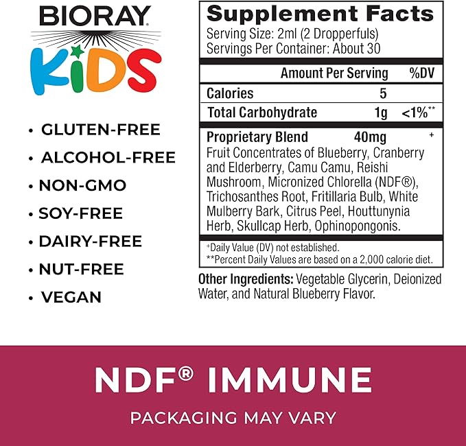 BIORAY Kids NDF Immune, Blueberry - 2 fl oz - Immune Support & Toxin Remover - Non-GMO, Vegan, Gluten Free - Approx. 30 Servings